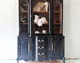 SOLD ITEM***    China cabinet, French Provincial, Bassett, China buffet, display cabinet, farmhouse, cottage, black, farmhouse kitchen