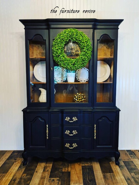 S O L D Vintage Antique Bassett French Provincial China Cabinet Hutch Black