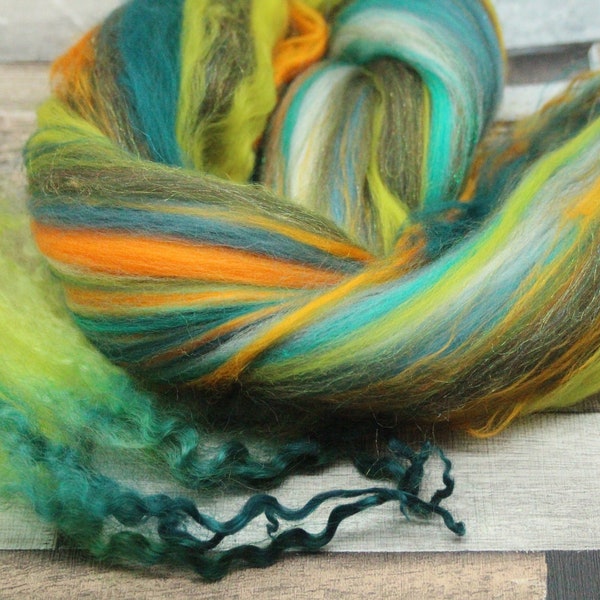 27g + 2g locks Green Orange Art Batt, fibre for spinning, carded wool. spinning wool, needle felting shop, craft supplies, textured batt
