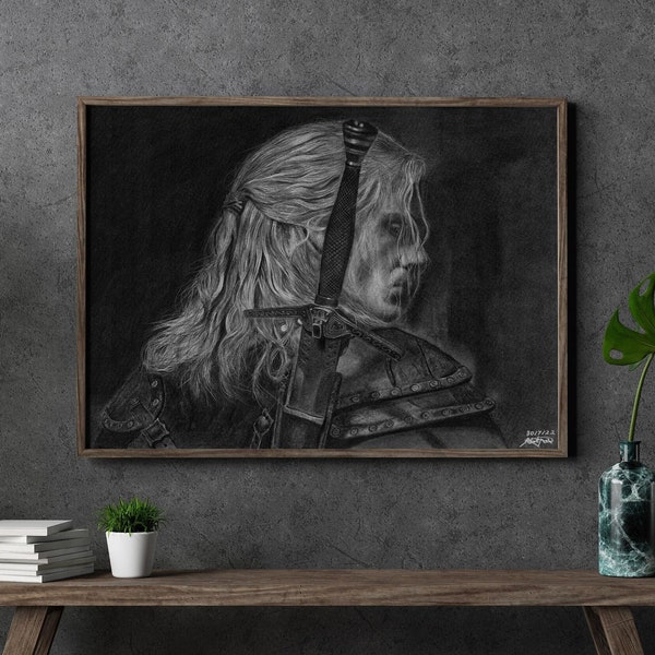 Portrait of Geralt of Rivia, featuring a hyper-realistic charcoal drawing of Henry Cavil printed on high-quality white satin paper