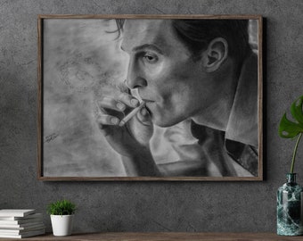 Portrait of Rust Cohle, featuring a hyper-realistic charcoal drawing of Matthew Mcconaughey printed on high-quality white satin paper