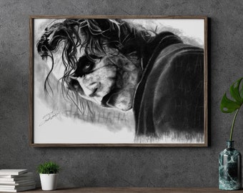 Portrait of the Joker, featuring a hyper-realistic charcoal drawing of Heath Ledger printed on high-quality white satin paper