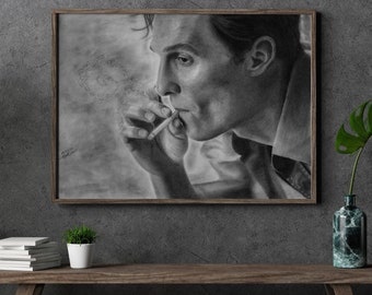 Retrato de Rust Cohle, con un dibujo hiperrealista en carboncillo de Matthew McConaughey impreso en papel satinado blanco de alta calidad