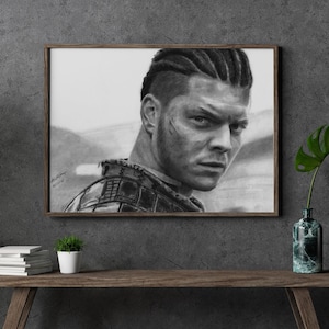 Portrait of Ivar the Boneless, featuring a hyper-realistic charcoal drawing of Alex Høgh Andersen printed on high-quality white satin paper