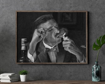 Portrait of Arthur Shelby, featuring a hyper-realistic charcoal drawing of Paul Anderson printed on high-quality white satin paper