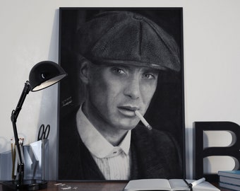 Portrait of Tommy Shelby, featuring a hyper-realistic charcoal drawing of Cillian Murphy printed on high-quality white satin paper