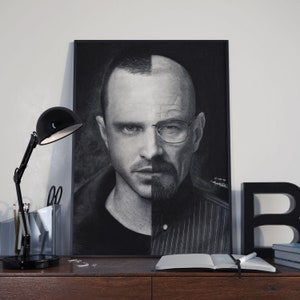 Ritratto di Breaking Bad, con un disegno a carboncino iperrealistico di Heisenberg e Jesse stampato su carta satinata bianca di alta qualità