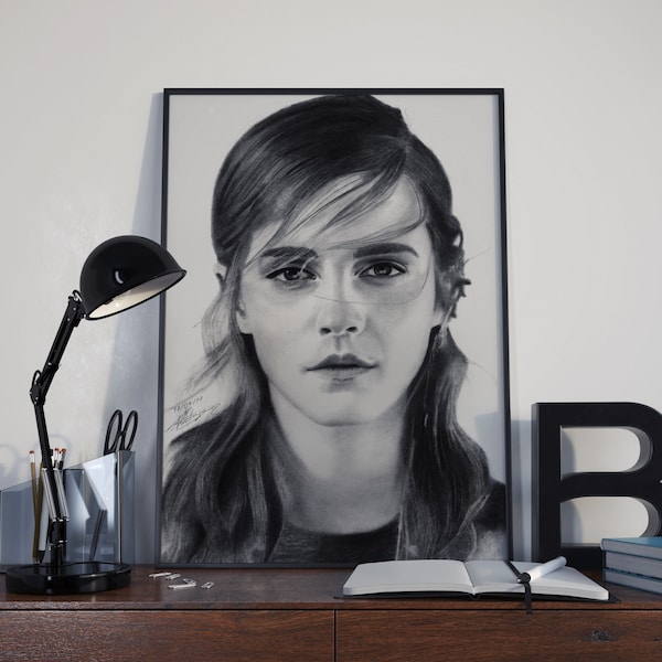 Portrait of Emma Watson, featuring a hyper-realistic charcoal drawing printed on high-quality white satin paper