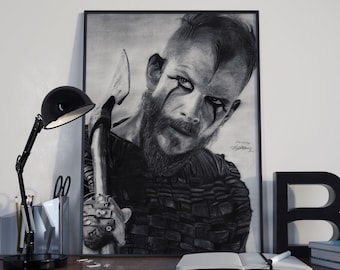 Portrait of Floki, featuring a hyper-realistic charcoal drawing of Gustaf Skarsgard printed on high-quality white satin paper