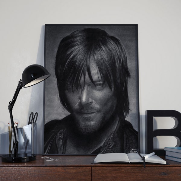 Portrait of Daryl Dixon, featuring a hyper-realistic charcoal drawing of Norman Reedus printed on high-quality white satin paper