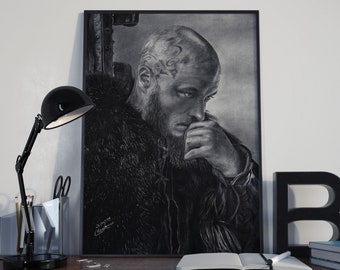 Portrait of Ragnar Lothbrok, featuring a hyper-realistic charcoal drawing of Travis Fimmel printed on high-quality white satin paper