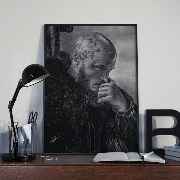 Portrait of Ragnar Lothbrok, featuring a hyper-realistic charcoal drawing of Travis Fimmel printed on high-quality white satin paper