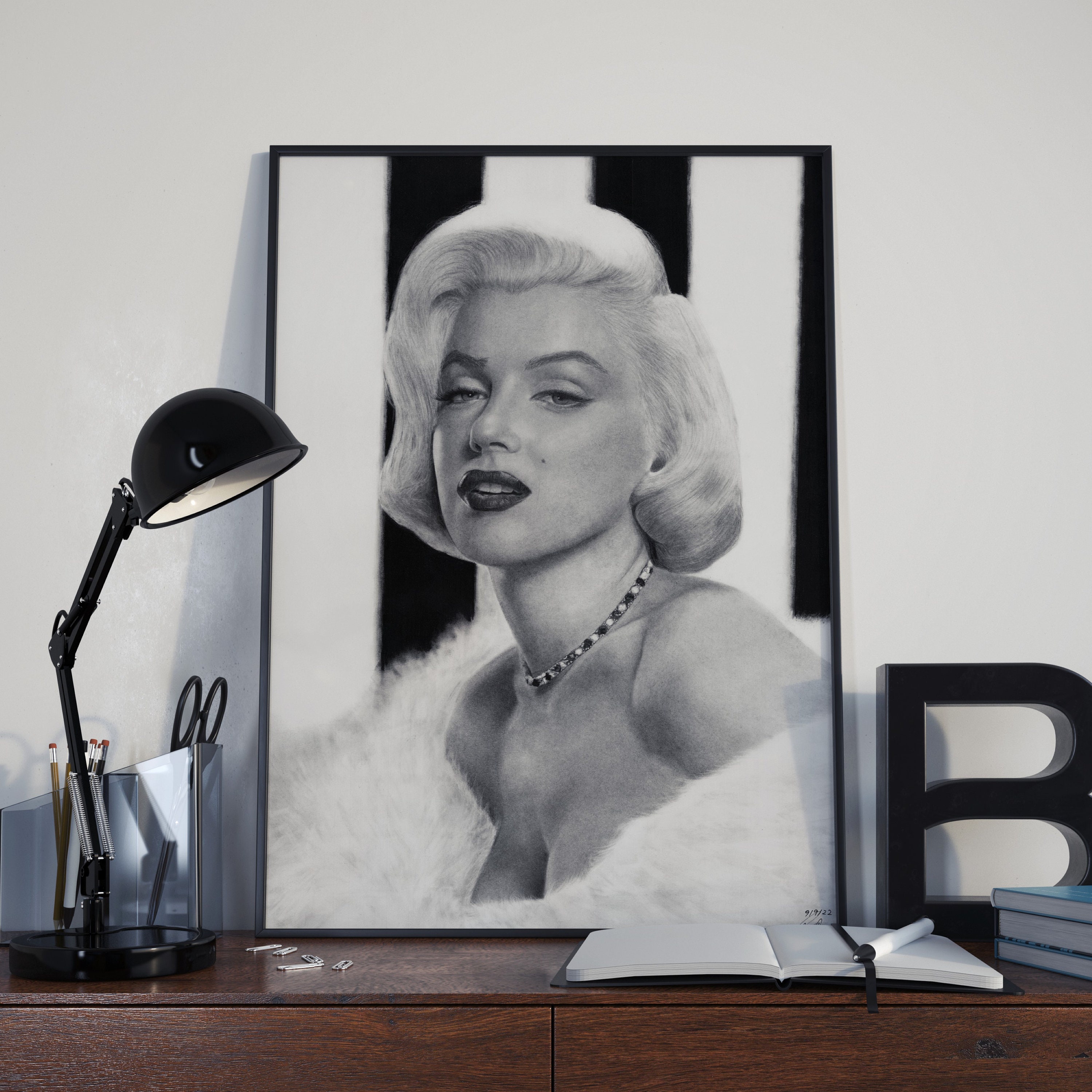 Portrait of Marilyn Monroe, featuring a hyper-realistic charcoal drawing printed on high-quality white satin paper