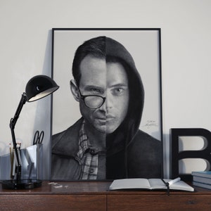 Portrait of Mr. Robot, featuring hyper-realistic charcoal drawing of Rami Malek & Christian Slater printed on high-quality white satin paper