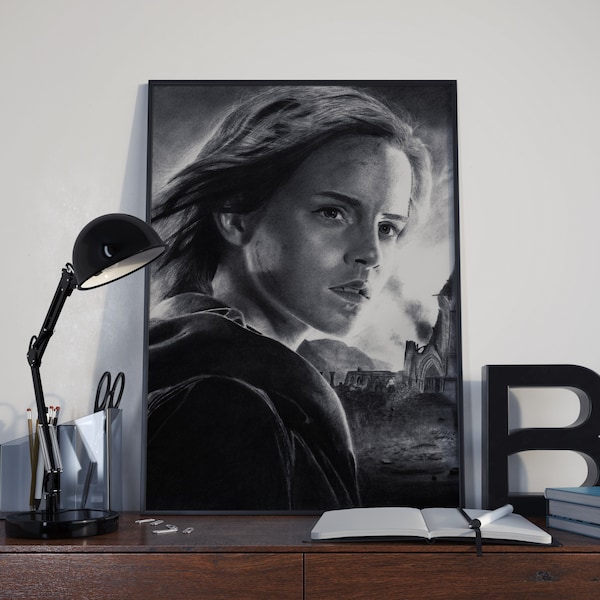 Portrait of Emma Watson, featuring a hyper-realistic charcoal drawing printed on high-quality white satin paper