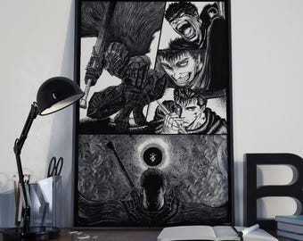 May include: Black and white framed artwork featuring manga-style illustrations. The artwork depicts a series of panels with a warrior figure, showcasing dynamic action poses and intense facial expressions. The overall theme is dark fantasy.