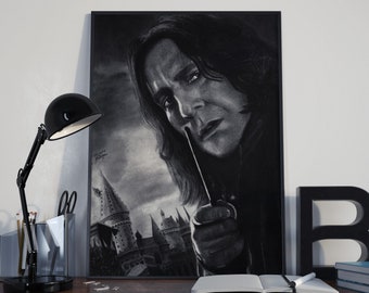 Portrait of Alan Rickman, featuring a hyper-realistic charcoal drawing printed on high-quality white satin paper