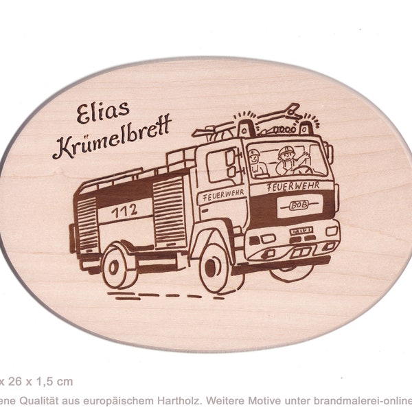 Schneidebrett Feuerwehr, Brotzeitbretter, Kinder Frühstücksbrett Feuerwehrauto, Namen eingebrannt Handarbeit - Holz Gravur