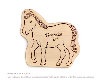 Frühstücksbrett Pferd Motivbrett groß/ Fohlen / Pony, Kinder Schneidebrett, Holz Brotzeitbrett - Name eingebrannt, Gravur personalisiert