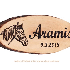 Könnte beinhalten: Ein ovales Holzschild mit einer Pferdesilhouette und dem Namen "Aramis" in Kursivschrift graviert. Das Datum "9.3.2018" ist ebenfalls unter dem Namen graviert.