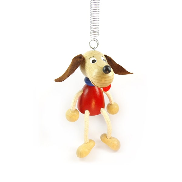 Schwingfigur Hund / Dackel, Schwingtier Holz Hüpfer, Ziehfigur Feder Jumper Federfigur Holzschwinger für Wickeltisch / Kinderbett