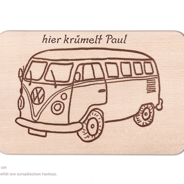 Frühstücksbrett VW Bus, Bully Schneidebrett, Vesperbrett,  Brotzeitbrett Holz, Name personalisiert Gravur Handarbeit eingebrannt