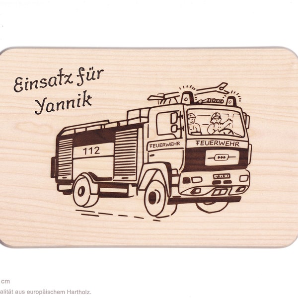 Schneidebrett Feuerwehr, Frühstücksbrett Feuerwehr Auto, Kinder Vesperbrett mit Name Holz Gravur in Handarbeit eingebrannt auf Brotzeitbrett