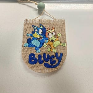 Bluey Embroidered Wall Decor: Burlap Kids Room Hanging Plaque