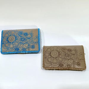 Embroidered Mehendi Flower Wallet: Taupe Vinyl Bifold