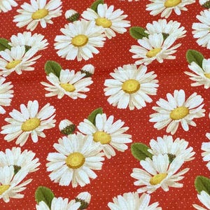 summer daisy fabric, daisies on red, cotton fabric, sewing and quilting fabric