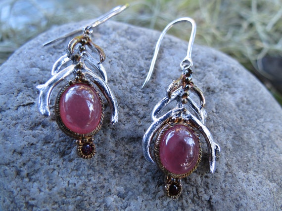 Cabochon Ruby Earrings - Sterling Silver Mounting… - image 3