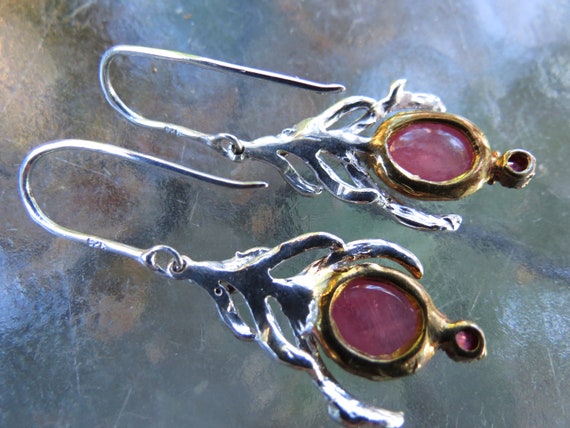 Cabochon Ruby Earrings - Sterling Silver Mounting… - image 5