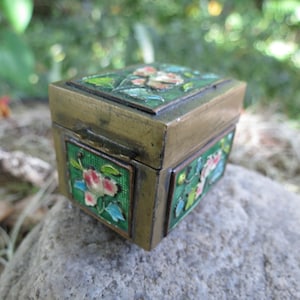 Chinese Cloisonne Stamp Box - Early 20th Century Brass - Antique Desk Accessory - Great Condition