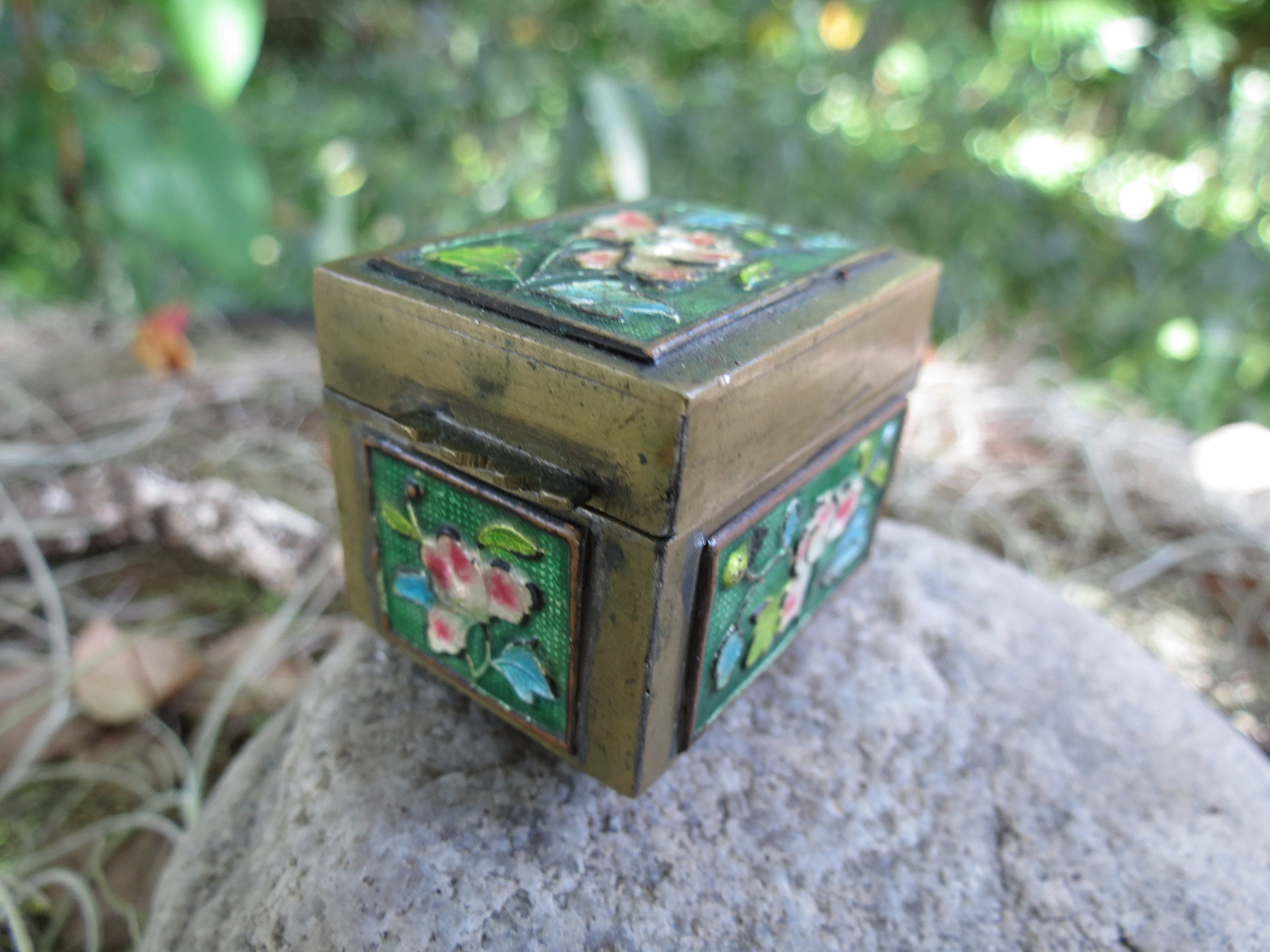 Antique Chinese Cloisonne Brass Stamp Box - Early 20th Century Desk Decor