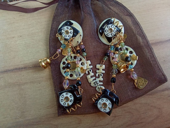Lunch at the Ritz Black Telephone Pierced Earrings - LATR "My Number" Posts - Fun and Fabulous - Excellent Condition