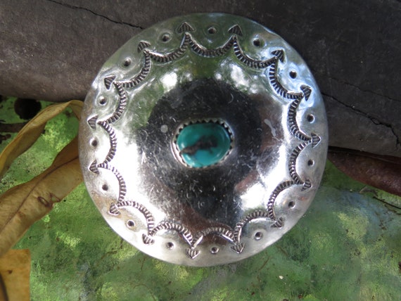 Old Pawn Native American Silver Button: Large Tur… - image 1