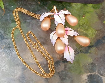 Park Lane Necklace - Faux Pearls & Pink Enamel on Gold Tone Metal - Pin/Pendant - Signed Park Lane Costume Jewelry - Excellent Condition