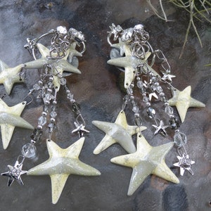 Lunch at the Ritz Huge Silver Stars Clip Earrings - LATR Enamel Earring Clips - Fun & Fabulous - Excellent Condition