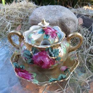 Antique Mustard Pot - Heavy Gold Painted Porcelain - Victorian Cabbage Roses - Wonderful Condition