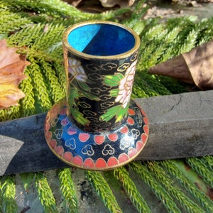 Cloisonné Enamel Candlestick Holder - Small Black Enamel Candle Holder - Chinese Brass Cloisonné - Excellent Condition