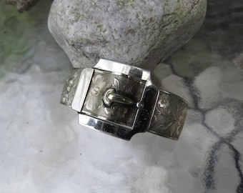 Antique Silver Buckle Bangle Bracelet: Floral Etched Costume Jewelry