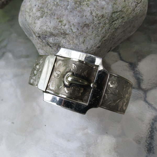 Antique Silver Metal Buckle Bracelet - Hinged Bangle Bracelet - Old Costume Jewelry - Great Condition