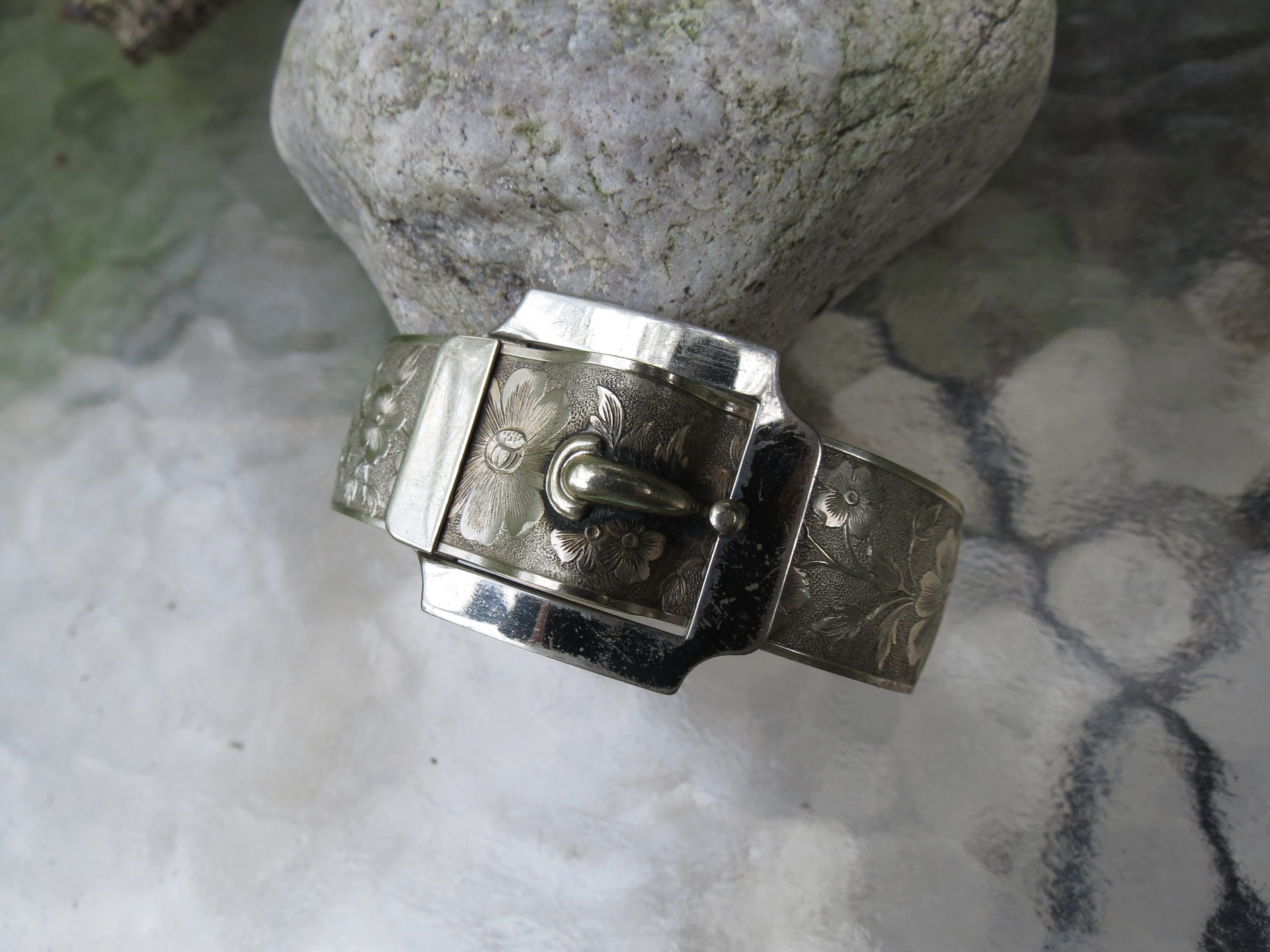 Antique Silver Buckle Bangle Bracelet: Floral Etched Costume Jewelry