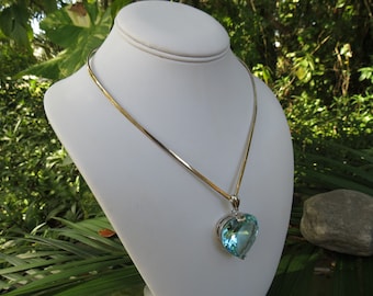Sterling Silver Necklace with Heart Shaped Big Blue Faux Topaz Stone - Stunning - Vintage Silver - Excellent Condition