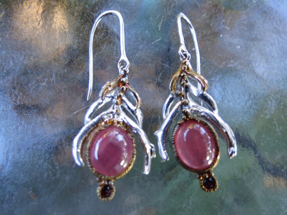 Cabochon Ruby Earrings - Sterling Silver Mounting… - image 6