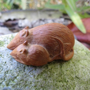 May include: A carved wooden sculpture of two mice, one larger than the other, nestled together. The mice are a warm brown color and rest on a mossy green stone. The wood grain is visible, adding texture to the piece.