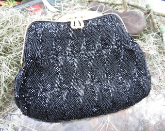 Vintage Black Beaded Bag - Antique Glass Beads - Old Marshall Fields Evening Purse - Excellent Condition