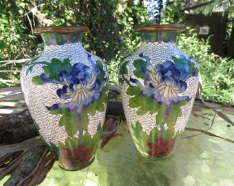 Antique Chinese Cloisonné Vases: Floral Enamel Pair, 6" Tall