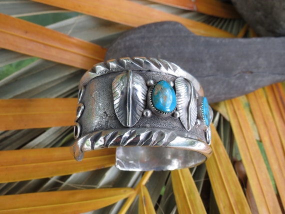 Native American Indian Silver & Turquoise Cuff Br… - image 4