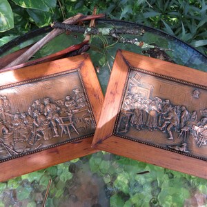 Victorian Repoussé Copper Plaques: Primitive Wood Frames, Pair